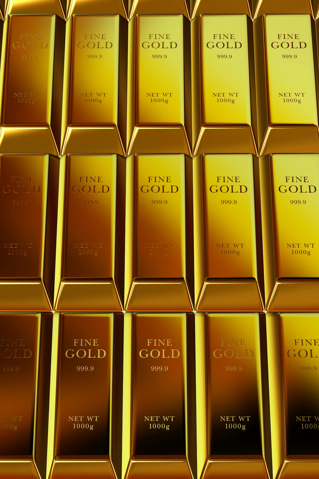 Rows of shiny gold bars stacked neatly
